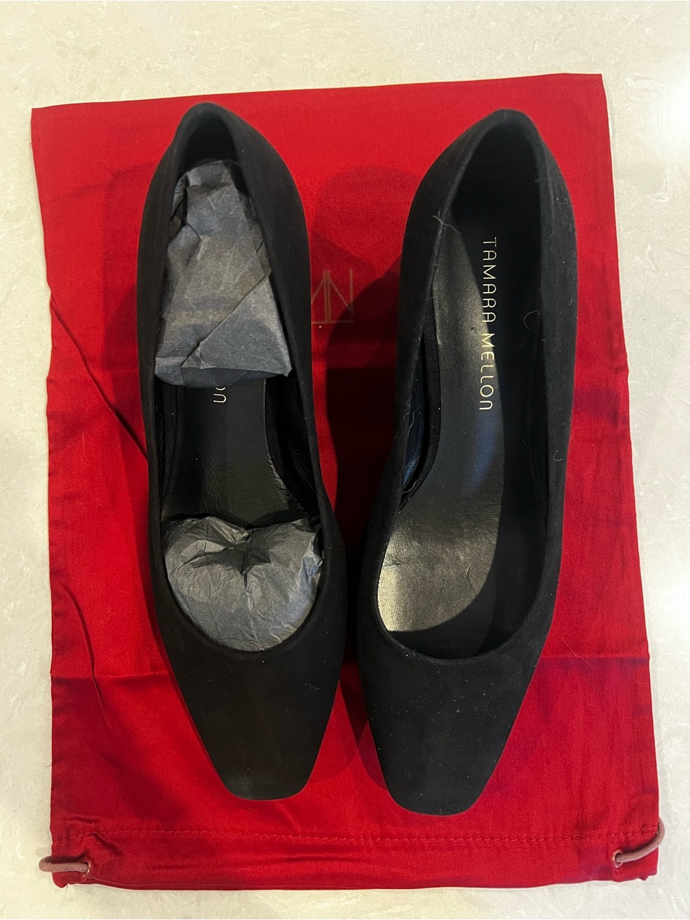 Tamara Mellon Black Suede Square Toe Pumps Heels Size 38 NEW